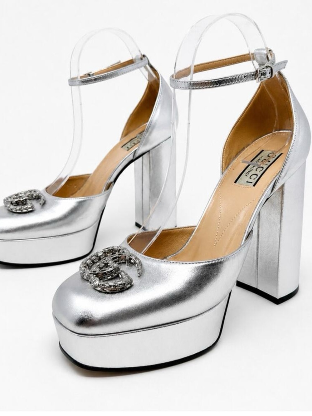 Gucci Silver Metallic Crystal
GG Platform Ankle Strap Block
Heel Pumps RARE